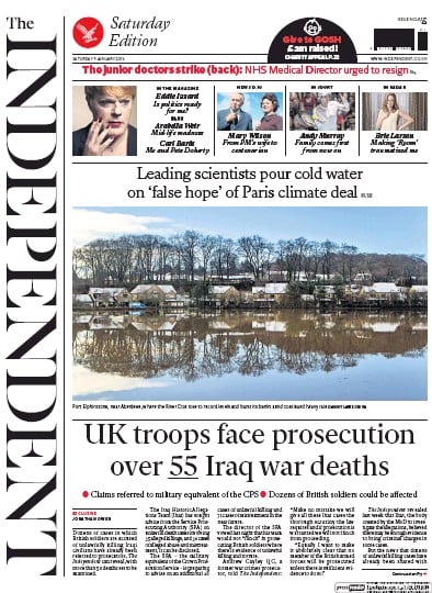 The Independent Newspaper Front Page (UK) for 9 January 2016
