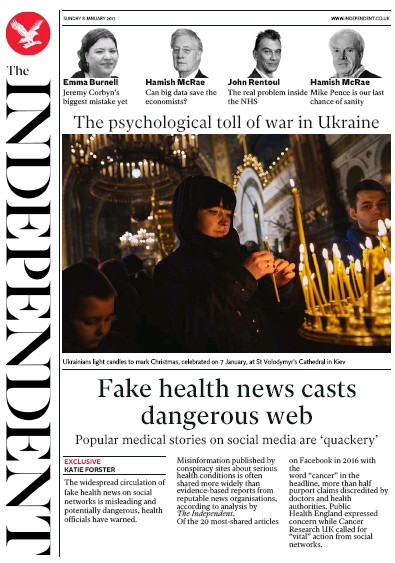 The Independent Newspaper Front Page (UK) for 9 January 2017