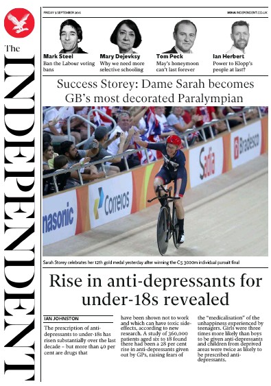 The Independent Newspaper Front Page (UK) for 9 September 2016