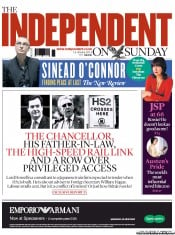 The Independent on Sunday (UK) Newspaper Front Page for 13 January 2013