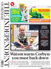 The Independent on Sunday (UK) Newspaper Front Page for 29 November 2015