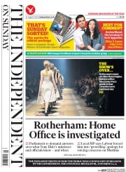 The Independent on Sunday (UK) Newspaper Front Page for 31 August 2014