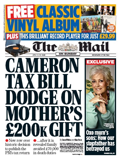 The Mail on Sunday Newspaper Front Page (UK) for 10 April 2016