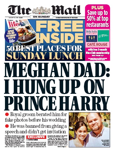 The Mail on Sunday Newspaper Front Page (UK) for 12 August 2018