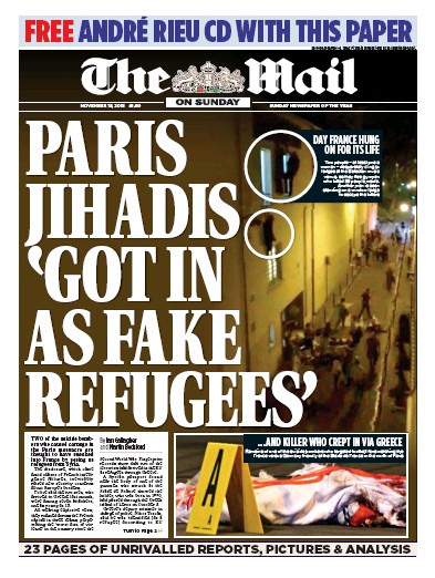 The Mail on Sunday Newspaper Front Page (UK) for 15 November 2015