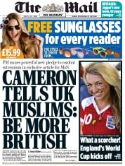 The Mail on Sunday Newspaper Front Page (UK) for 15 June 2014