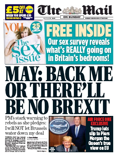The Mail on Sunday Newspaper Front Page (UK) for 15 July 2018