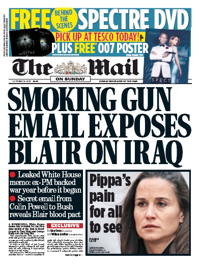 The Mail on Sunday Newspaper Front Page (UK) for 18 October 2015