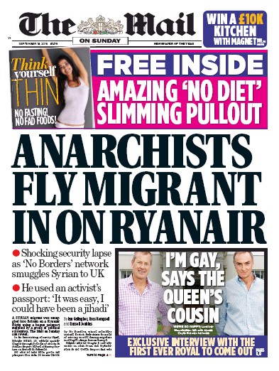 The Mail on Sunday Newspaper Front Page (UK) for 18 September 2016