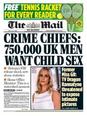 The Mail on Sunday (UK) Newspaper Front Page for 21 June 2015