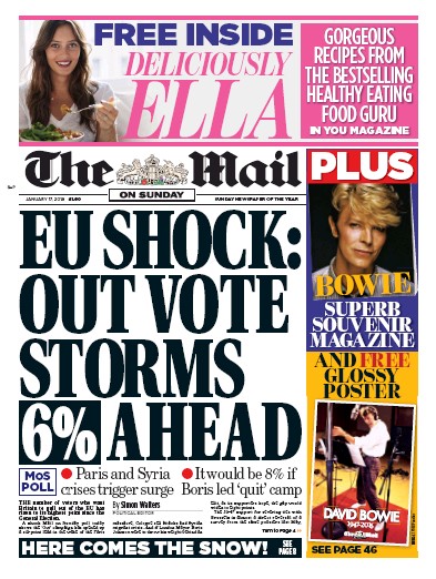 The Mail on Sunday Newspaper Front Page (UK) for 24 January 2016