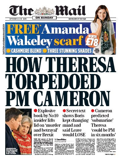 The Mail on Sunday Newspaper Front Page (UK) for 25 September 2016