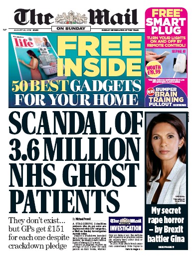The Mail on Sunday Newspaper Front Page (UK) for 26 August 2018