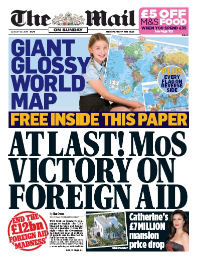 The Mail on Sunday Newspaper Front Page (UK) for 28 August 2016