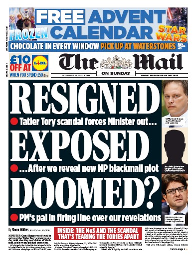 The Mail on Sunday Newspaper Front Page (UK) for 29 November 2015