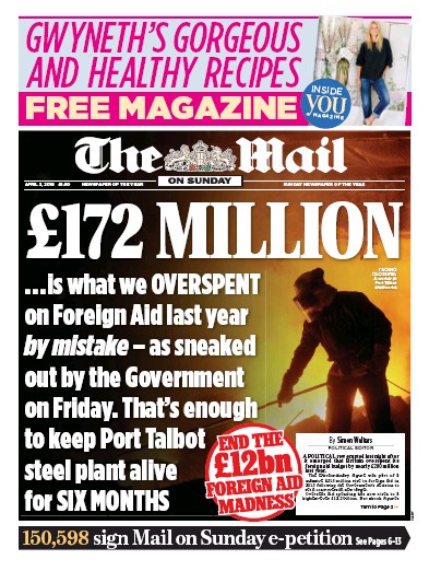 The Mail on Sunday Newspaper Front Page (UK) for 3 April 2016