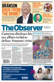 The Observer (UK) Newspaper Front Page for 10 April 2016