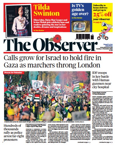 The Observer Newspaper Front Page (UK) for 12 November 2023