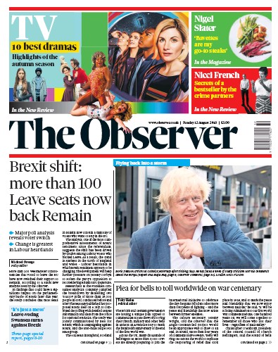 The Observer Newspaper Front Page (UK) for 12 August 2018