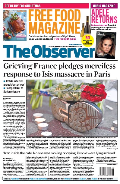The Observer Newspaper Front Page (UK) for 15 November 2015