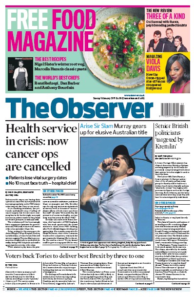 The Observer Newspaper Front Page (UK) for 15 January 2017