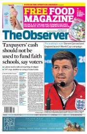 The Observer Newspaper Front Page (UK) for 15 June 2014