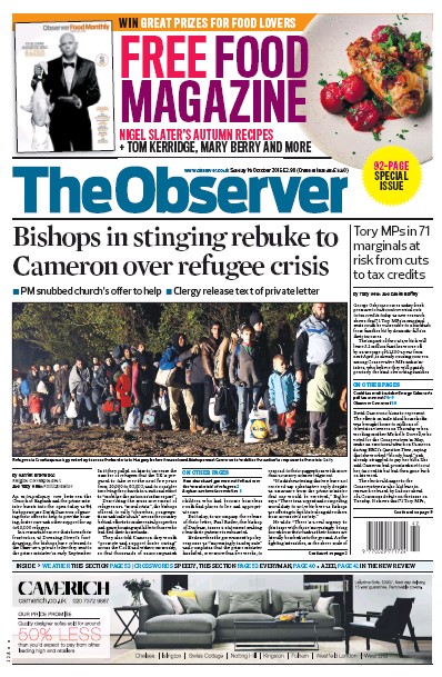The Observer Newspaper Front Page (UK) for 18 October 2015