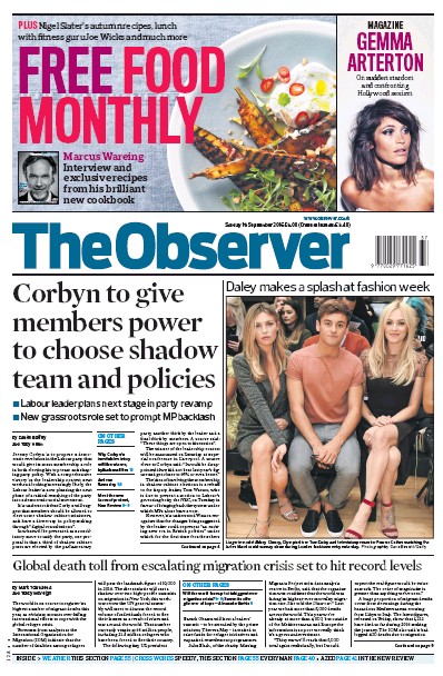 The Observer Newspaper Front Page (UK) for 18 September 2016