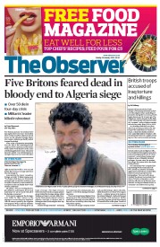 The Observer (UK) Newspaper Front Page for 20 January 2013