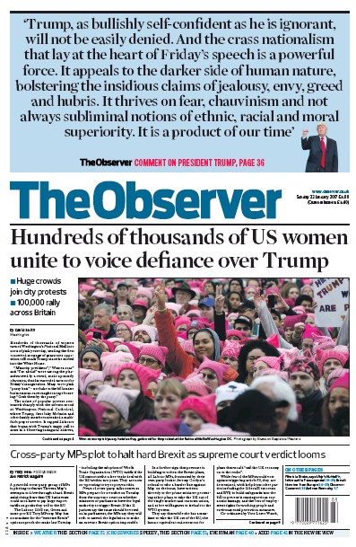 The Observer Newspaper Front Page (UK) for 22 January 2017