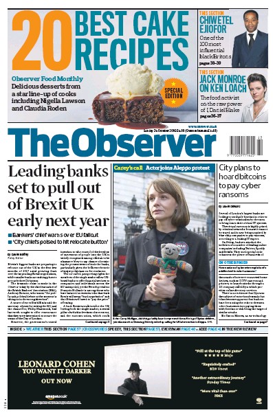 The Observer Newspaper Front Page (UK) for 23 October 2016