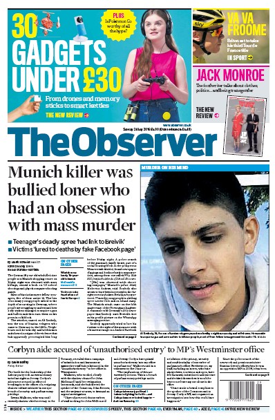 The Observer Newspaper Front Page (UK) for 24 July 2016