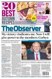 The Observer (UK) Newspaper Front Page for 25 September 2016