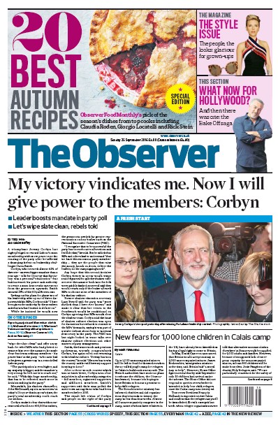 The Observer Newspaper Front Page (UK) for 25 September 2016