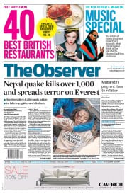 The Observer Newspaper Front Page (UK) for 26 April 2015