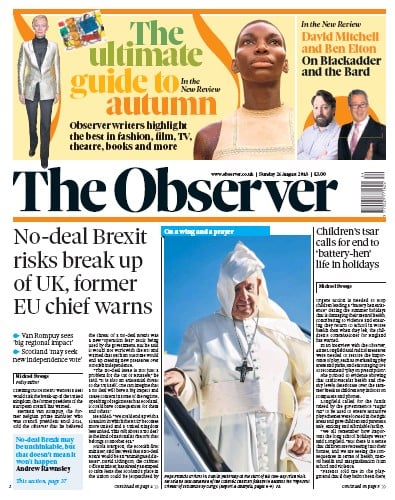 The Observer Newspaper Front Page (UK) for 26 August 2018