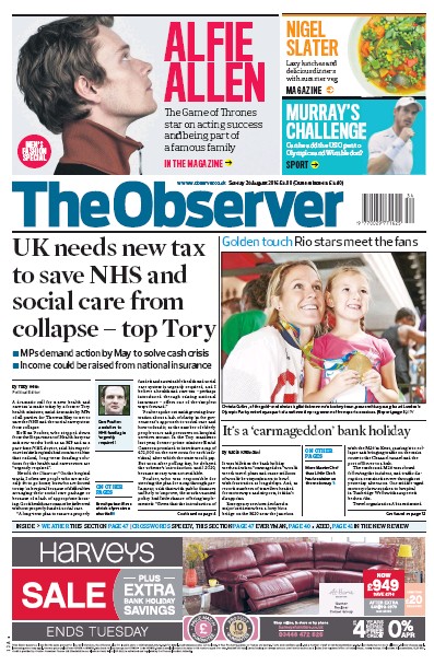 The Observer Newspaper Front Page (UK) for 28 August 2016