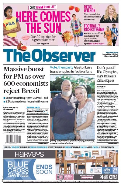 The Observer Newspaper Front Page (UK) for 29 May 2016
