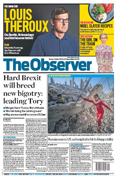 The Observer Newspaper Front Page (UK) for 2 October 2016