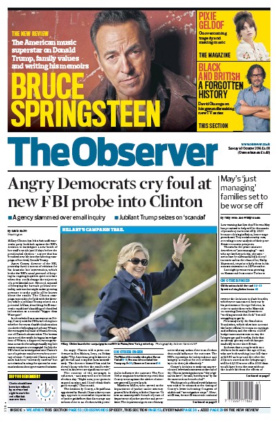 The Observer Newspaper Front Page (UK) for 30 October 2016