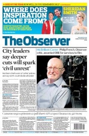 The Observer Newspaper Front Page (UK) for 30 December 2012