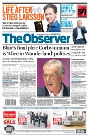 The Observer (UK) Newspaper Front Page for 30 August 2015