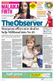 The Observer (UK) Newspaper Front Page for 5 April 2015