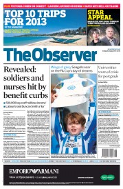 The Observer (UK) Newspaper Front Page for 6 January 2013