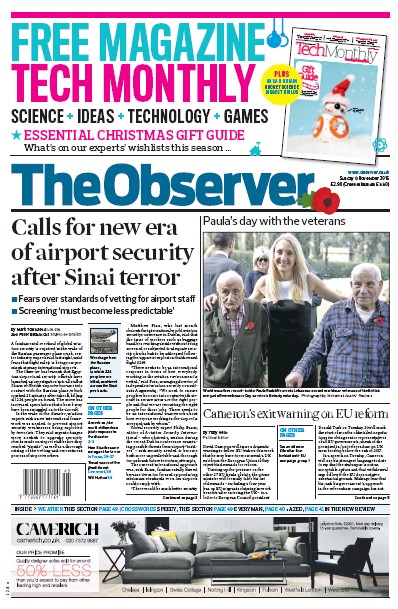 The Observer Newspaper Front Page (UK) for 8 November 2015