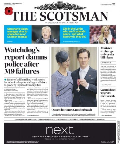 The Scotsman Newspaper Front Page (UK) for 11 November 2015