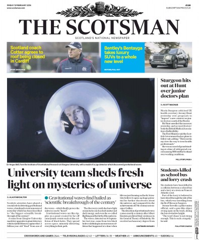 The Scotsman Newspaper Front Page (UK) for 12 February 2016