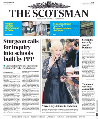 The Scotsman Newspaper Front Page (UK) for 12 April 2016