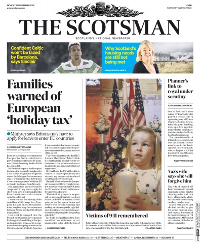The Scotsman Newspaper Front Page (UK) for 12 September 2016