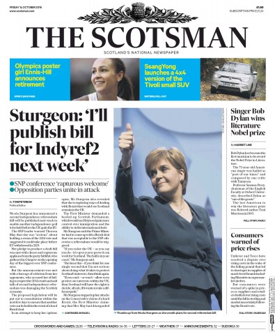 The Scotsman Newspaper Front Page (UK) for 14 October 2016
